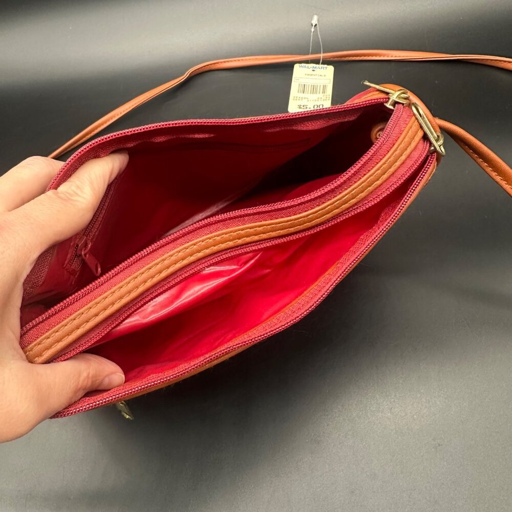 Vintage Red Purse Pacific Connections Shoulder Bag Crossbody 1990s Brown Trim - Picture 5 of 8
